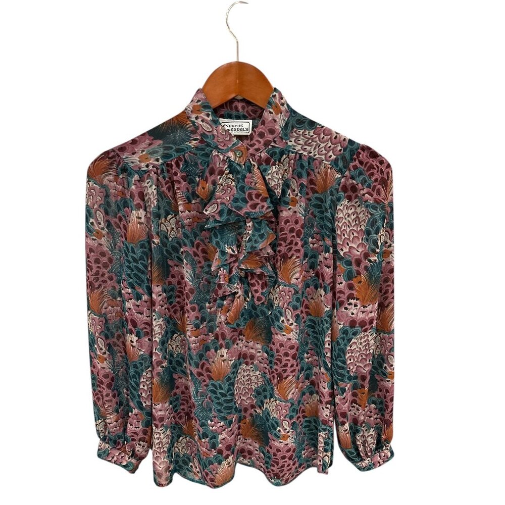 Vintage Campus Casuals Of California Womens Floral Print Blouse With Ruffle Coll